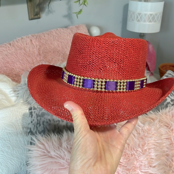 Something Special Red Straw Hat Sun Beaded Gold Purple Womens - Picture 3 of 10